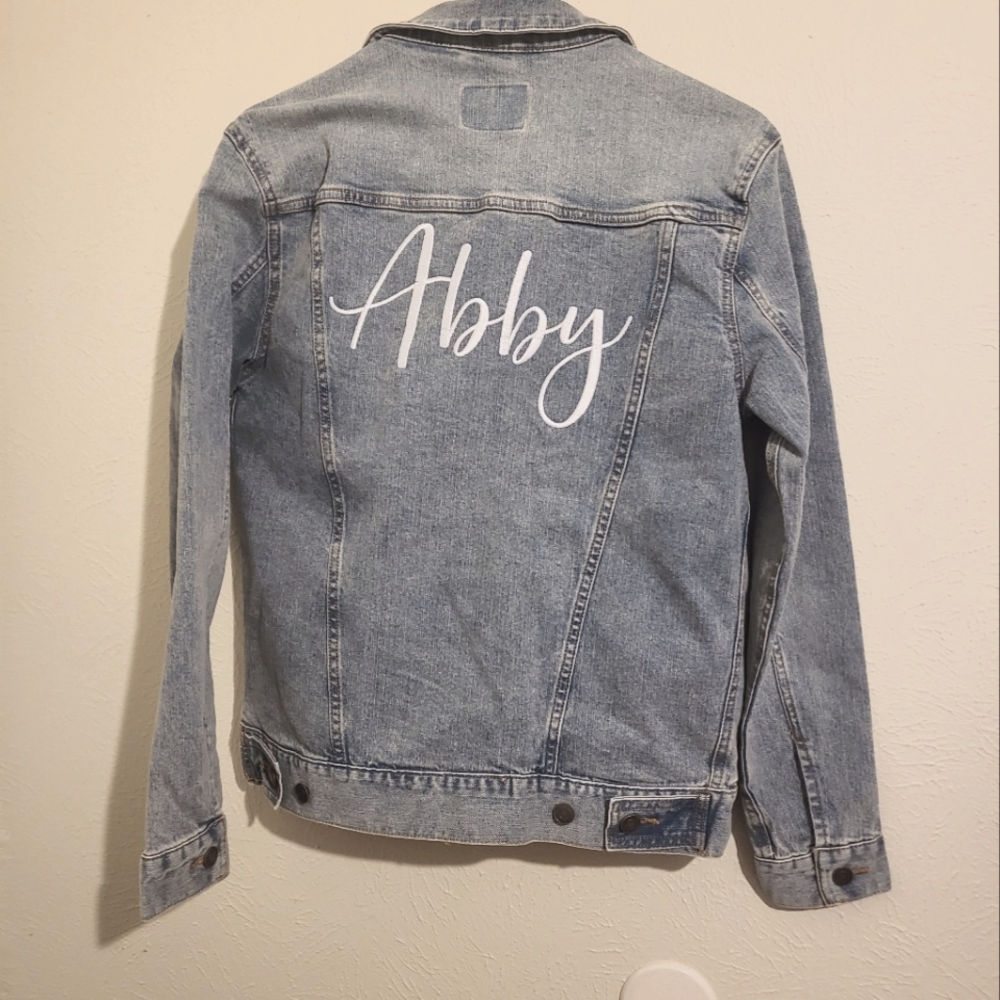 JEAN JACKET EMBRODERED Name on back, ABBY Ladies small